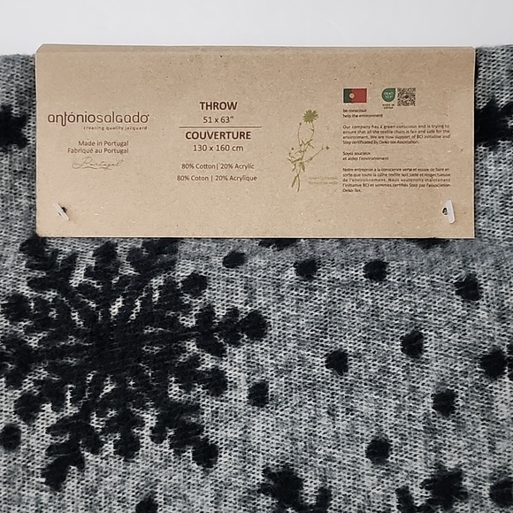 Antonio Salgado  Throw Blanket Grey Black Knit Cotton Blend 50" X 63" Snowflakes - Picture 5 of 12